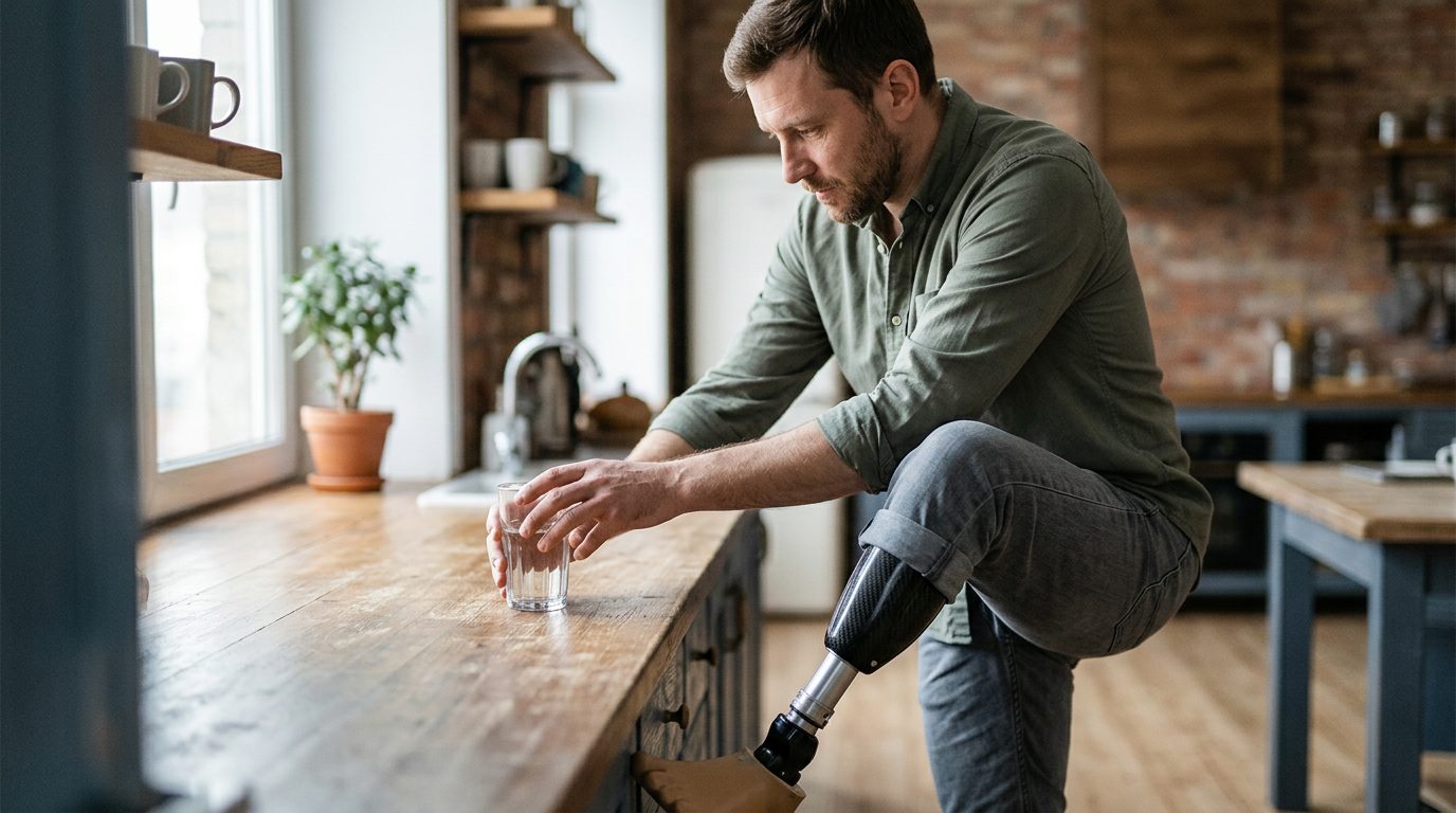 Person using a prosthetic limb to perform daily activities after amputation.