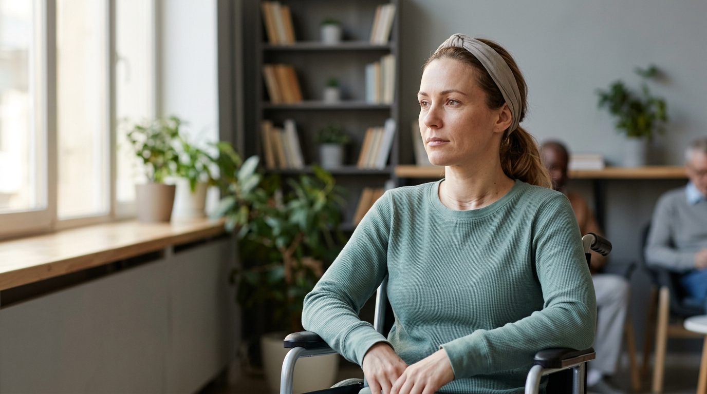 Person using a wheelchair looking ahead with quiet resolve after a spinal injury.