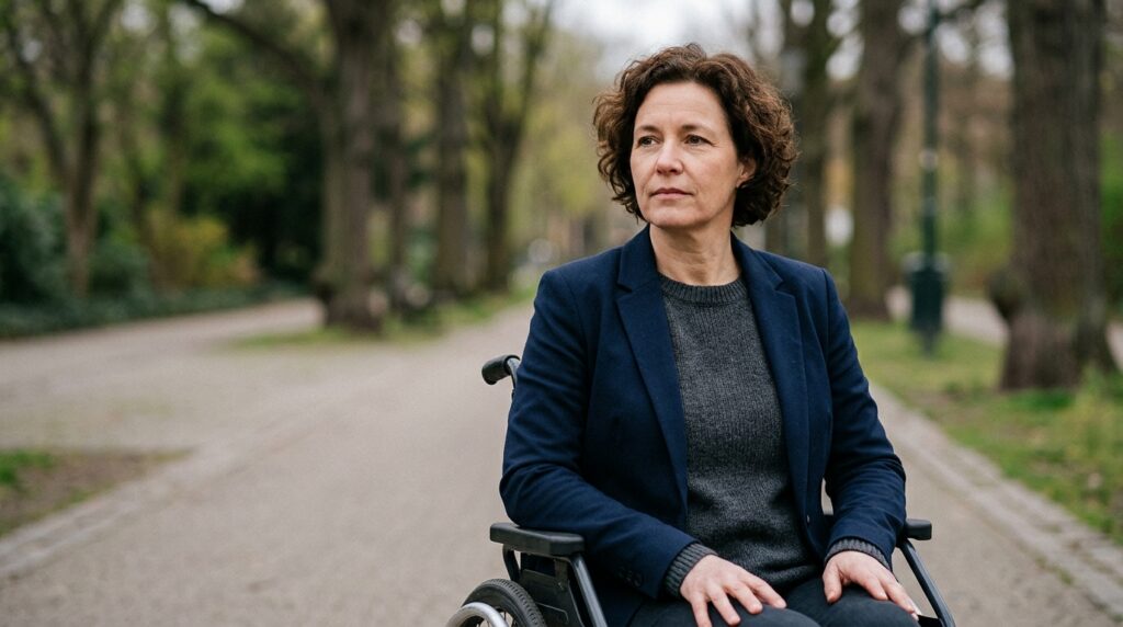 Person using a wheelchair looking ahead with quiet resolve after a catastrophic spinal cord injury.