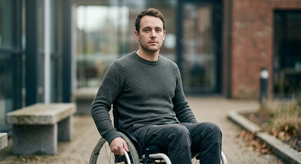 Person using a wheelchair looking forward with a determined expression.