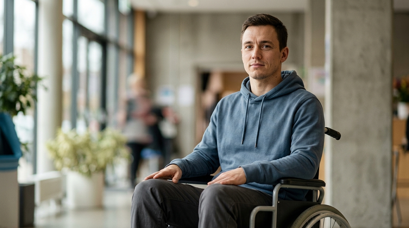 Person using a wheelchair looking forward with a determined expression.