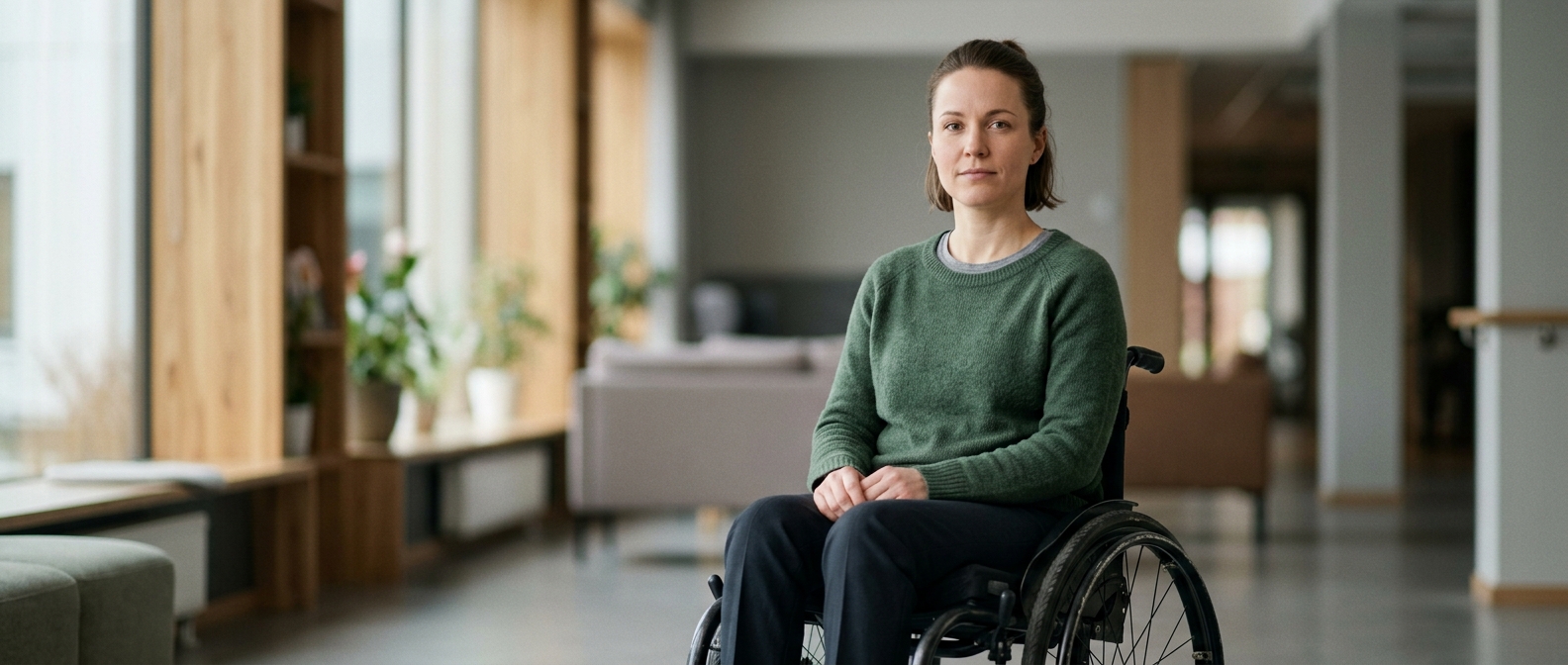 Person using a wheelchair looking forward with a determined expression.