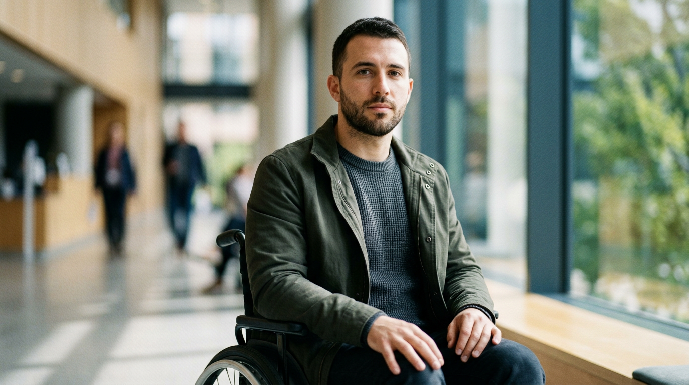Person using a wheelchair looking forward with a determined expression.