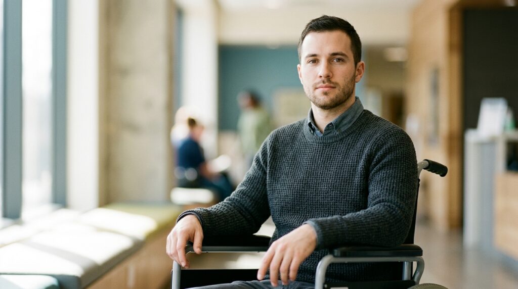 Person using a wheelchair looking forward with a resolute expression.