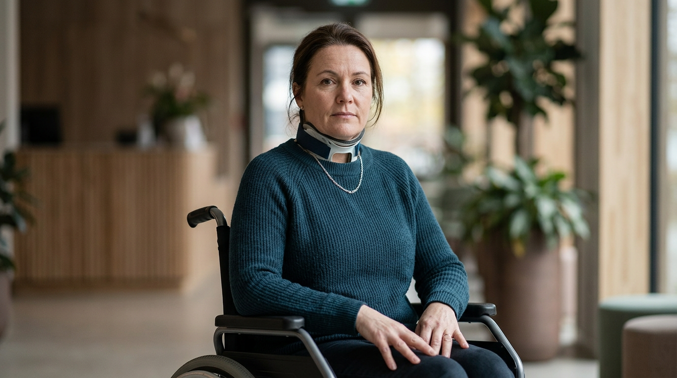 Person using a wheelchair looking forward with quiet resolve after a catastrophic spinal injury.