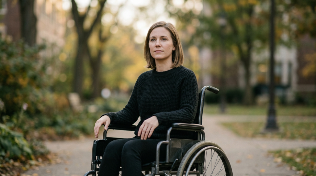 Person using a wheelchair looking forward with quiet resolve after a catastrophic spinal injury.