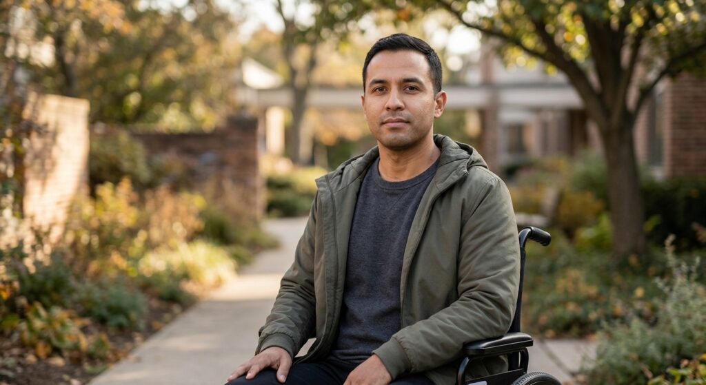 Person using a wheelchair looking forward with quiet resolve after a spinal cord injury.
