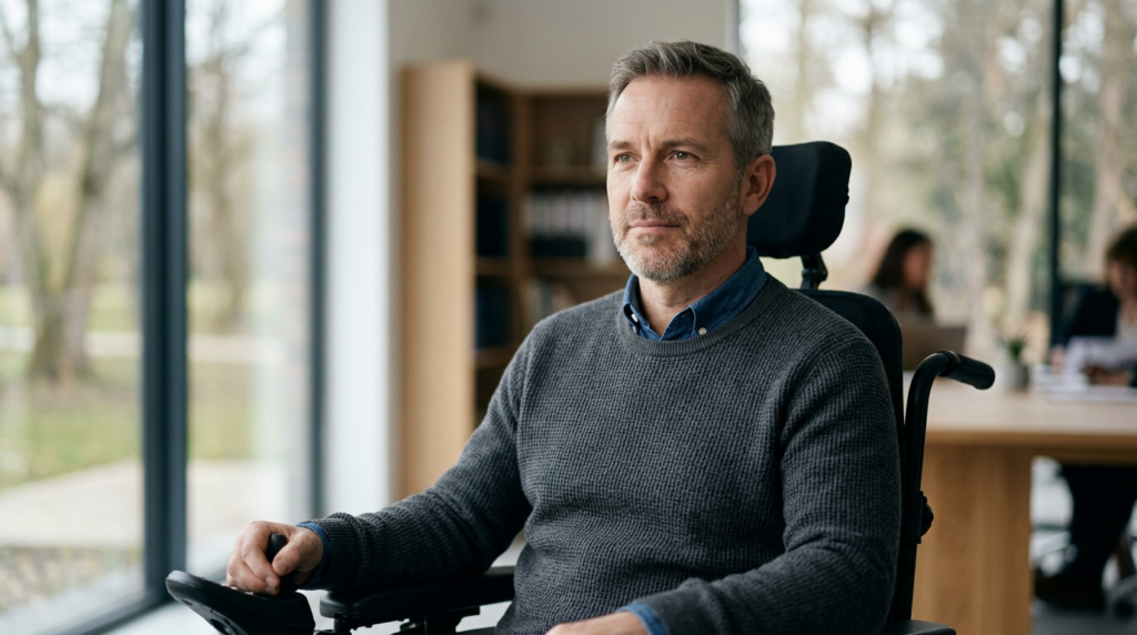 Person using a wheelchair looking forward with quiet resolve after a catastrophic spinal cord injury.
