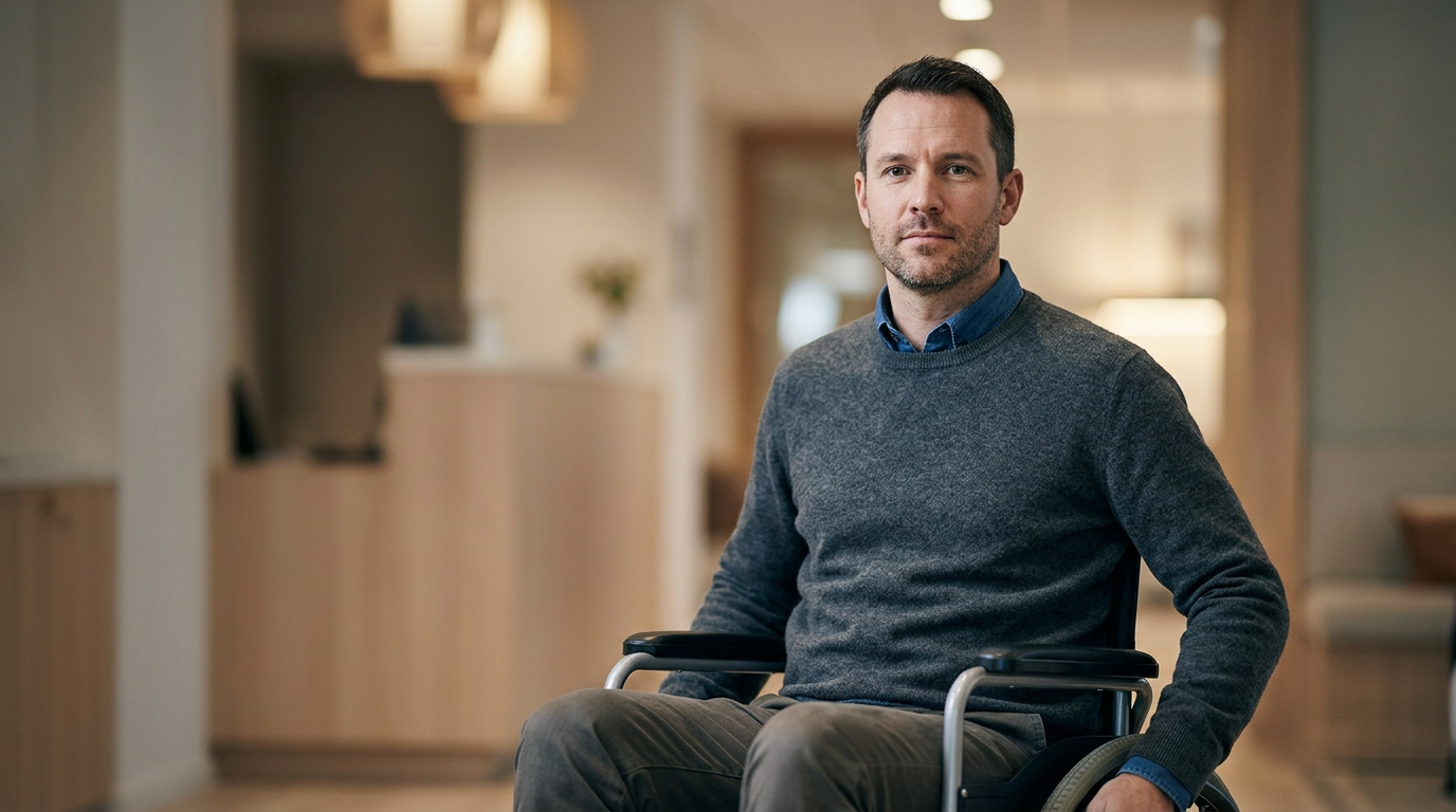 Person using a wheelchair looking forward with quiet resolve after a catastrophic spinal injury.
