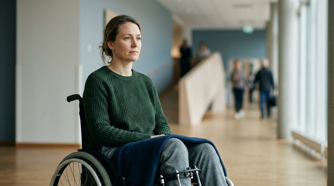 Person using a wheelchair looking forward with quiet resolve after a catastrophic spinal injury.