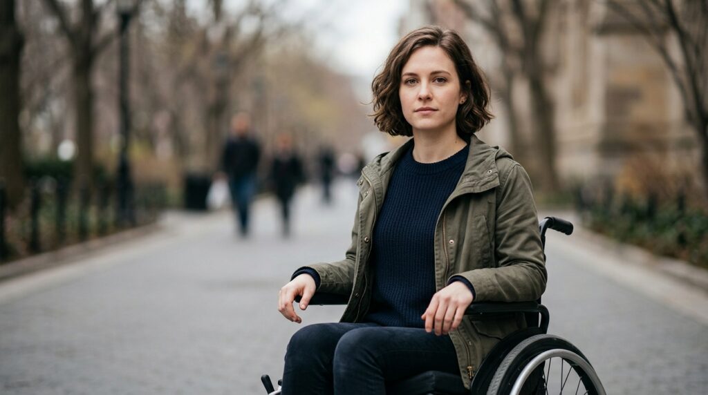 Person using a wheelchair looking forward with quiet resolve after a catastrophic spinal injury.