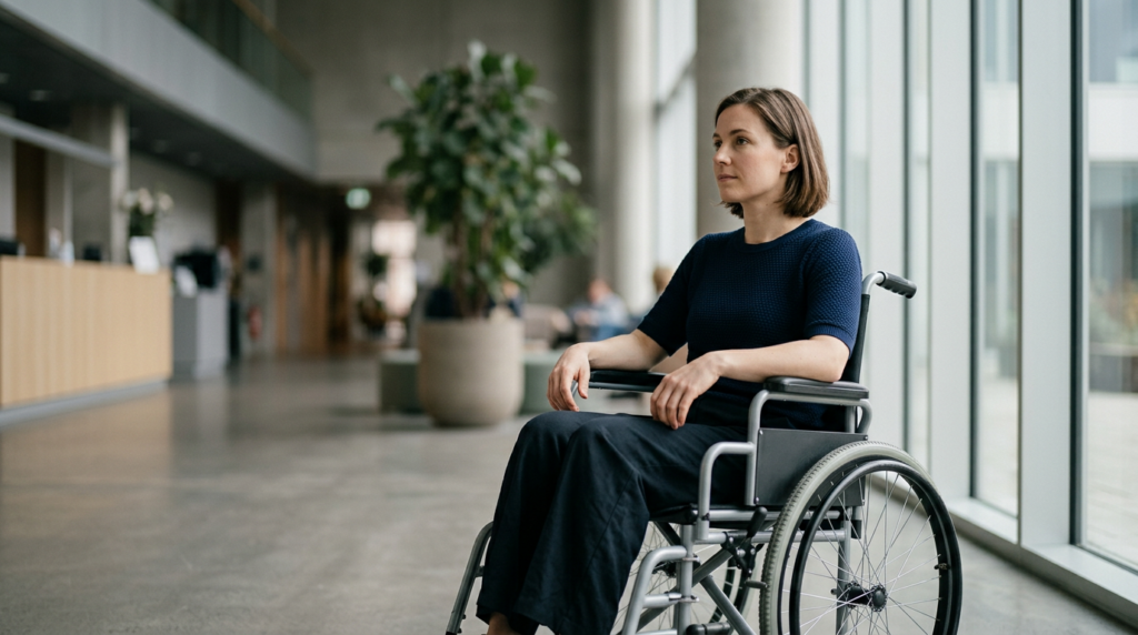 Person using a wheelchair looking forward with quiet resolve after a catastrophic spinal injury.
