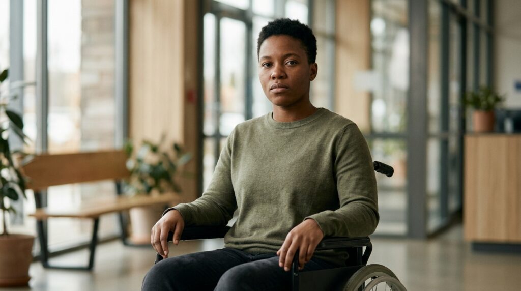 Person using a wheelchair looking forward with quiet resolve after a catastrophic spinal injury.