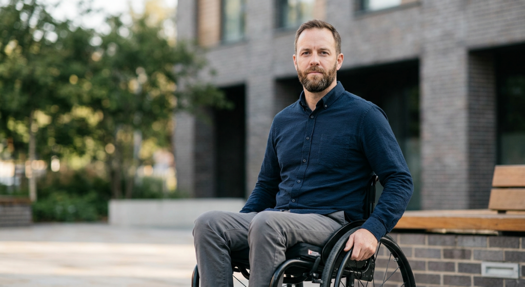 Person using a wheelchair looking forward with quiet resolve after a catastrophic spinal injury.
