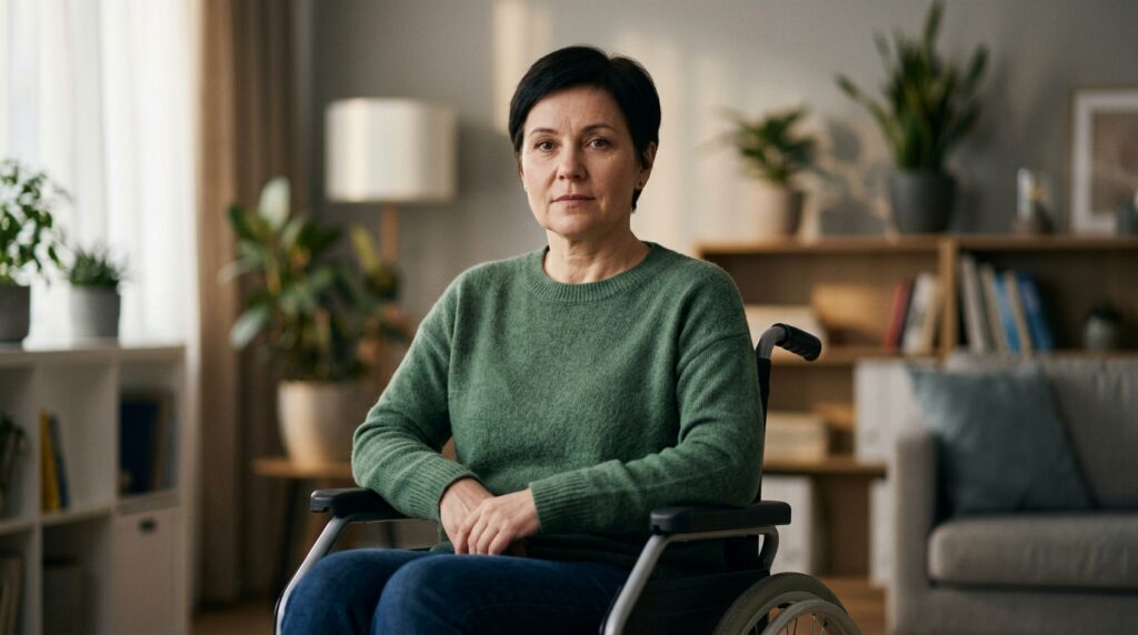 Person using a wheelchair looking forward with quiet resolve after a catastrophic spinal injury.