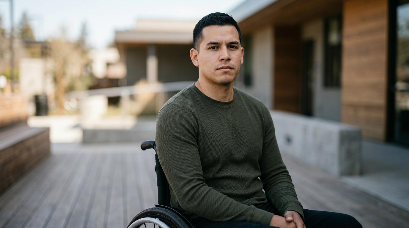 Person using a wheelchair looking forward with quiet resolve after a catastrophic spinal injury.
