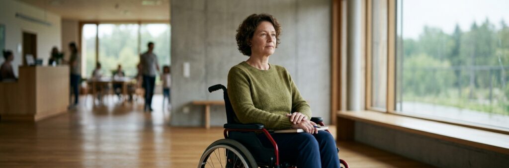 Person using a wheelchair looking forward with quiet resolve after a catastrophic injury.
