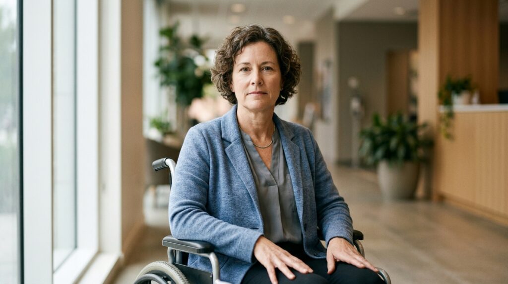 Person using a wheelchair looking forward with quiet resolve after a catastrophic spinal injury.