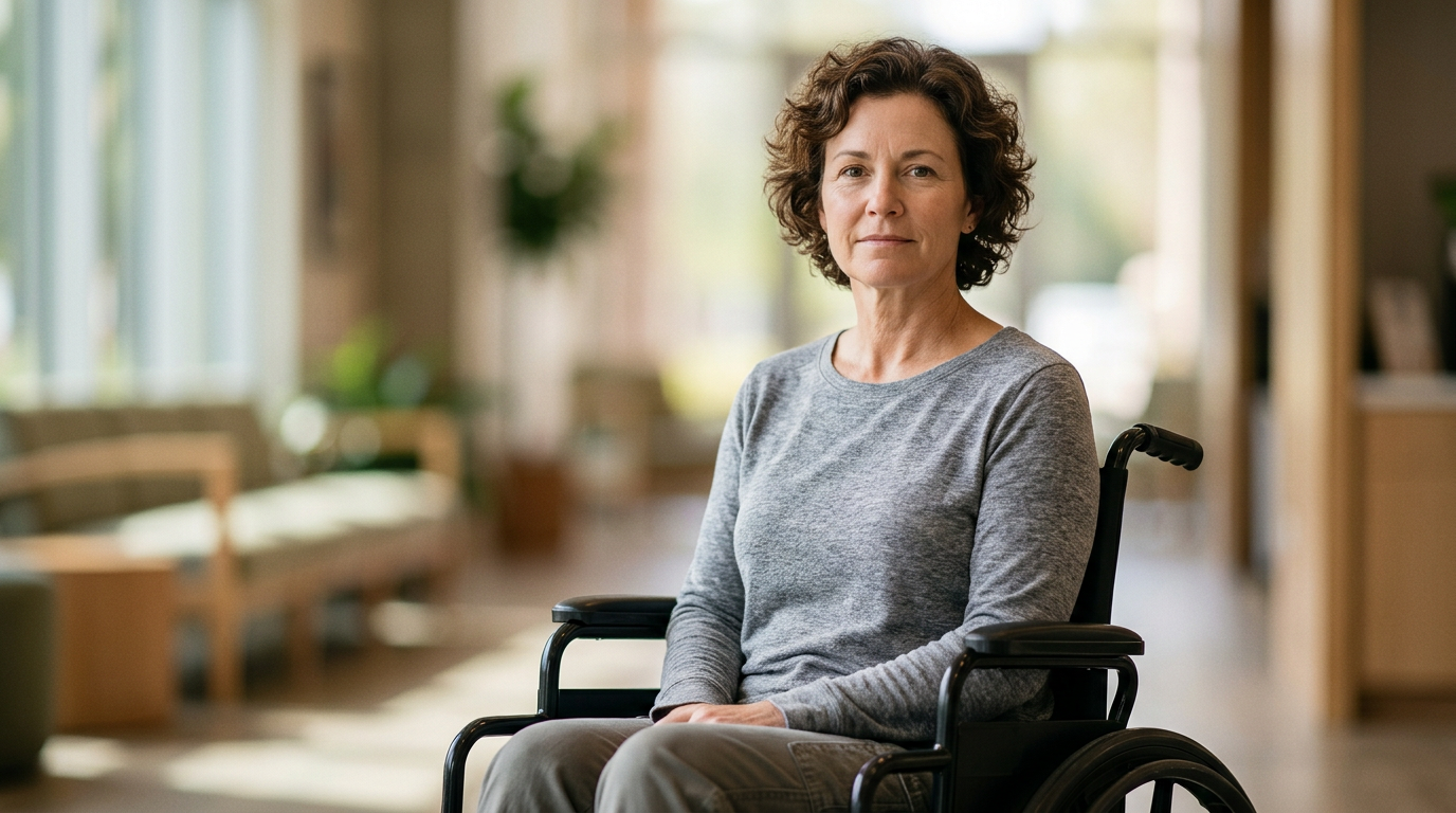 Person using a wheelchair looking forward with quiet resolve after a catastrophic spinal injury.