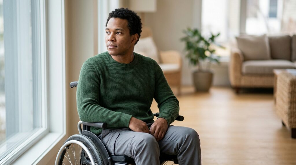 Person using a wheelchair looking forward with quiet resolve.