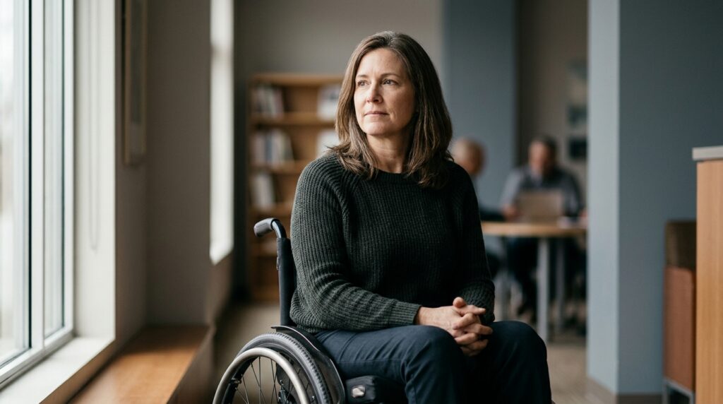 Person using a wheelchair looking forward with quiet resolve after a catastrophic spinal cord injury.