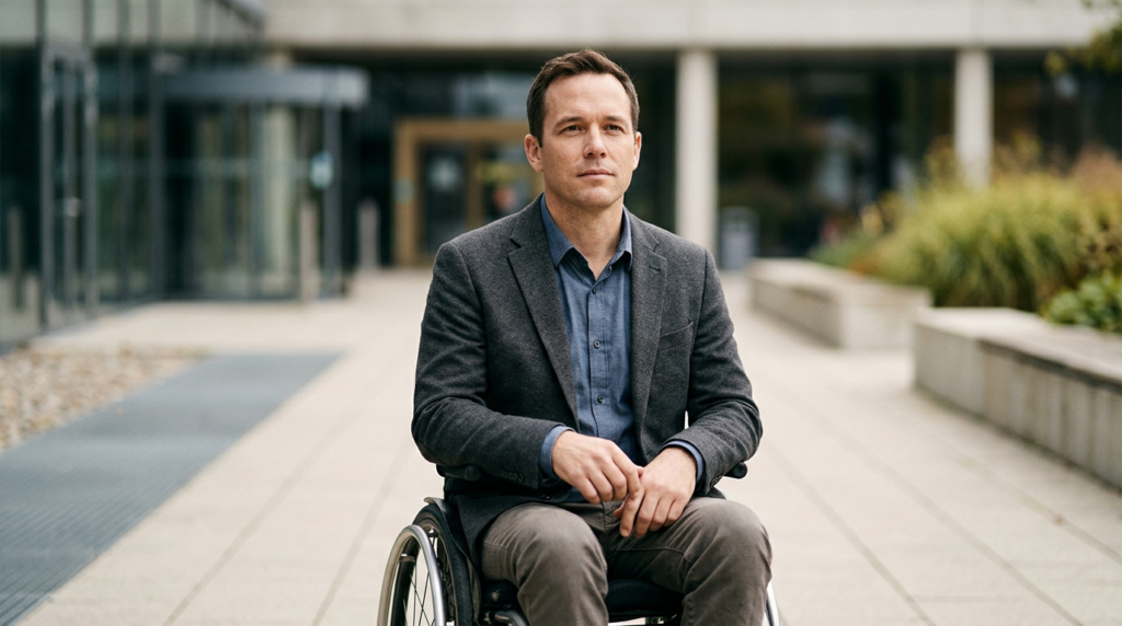 Person using a wheelchair looking forward with quiet resolve after a catastrophic spinal injury.