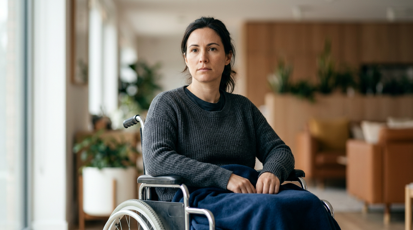 Person using a wheelchair looking forward with quiet resolve after a catastrophic spinal injury.