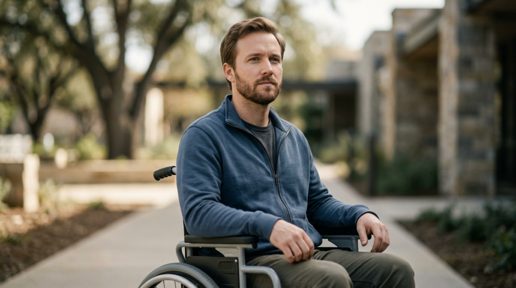 Person using a wheelchair looking forward with quiet resolve.