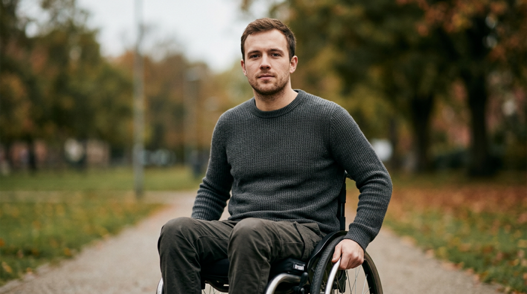 Person using a wheelchair looking forward with quiet resolve after a catastrophic spinal injury.