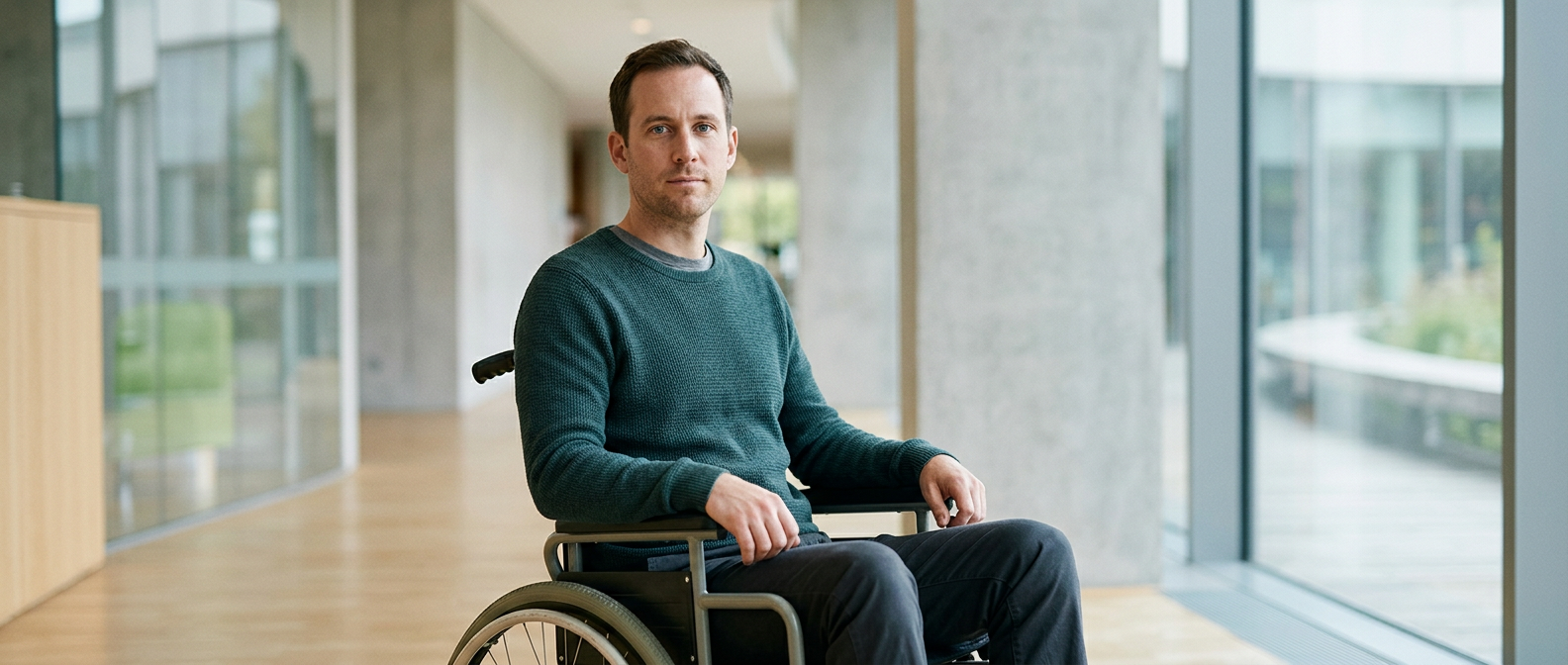 Person using a wheelchair looking forward with quiet resolve after a catastrophic spinal injury.