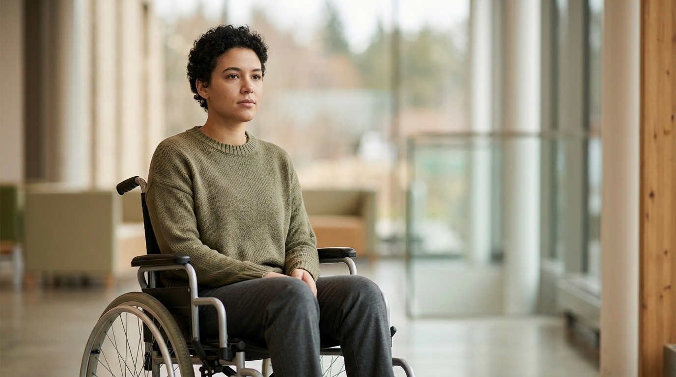Person using a wheelchair looking forward with quiet resolve after a catastrophic spinal injury.