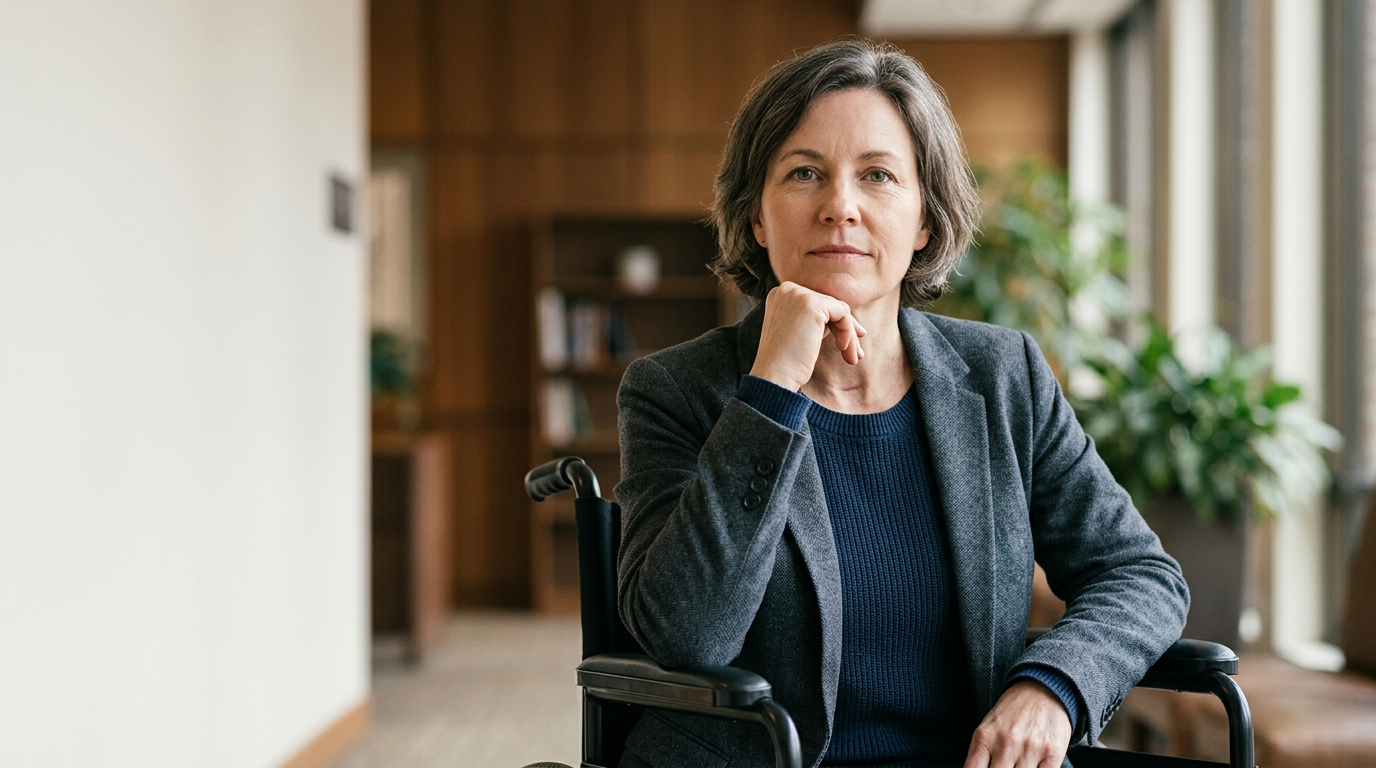Person using a wheelchair looking forward with quiet resolve after a catastrophic spinal injury.