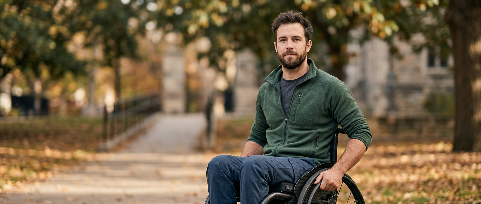 Person using a wheelchair looking forward with quiet resolve after a spinal injury.