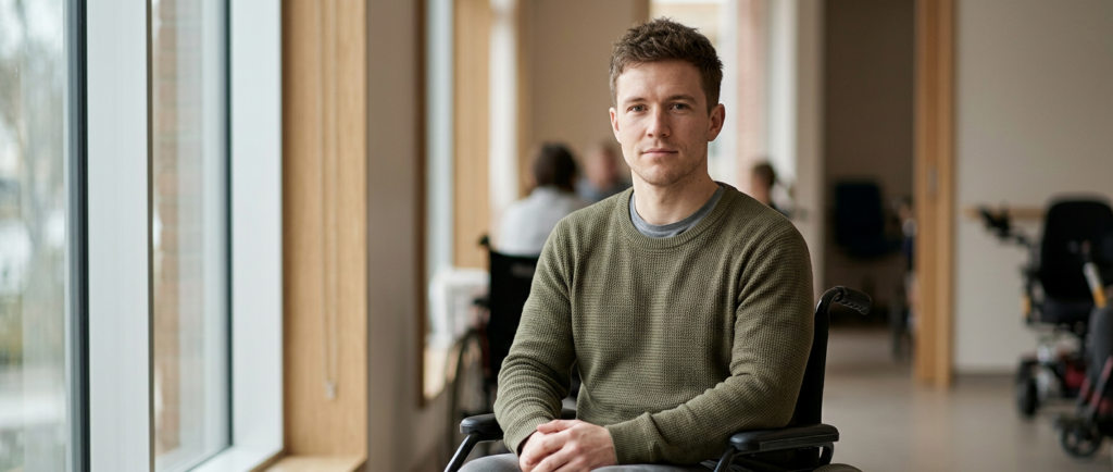 Person using a wheelchair looking forward with quiet resolve after a catastrophic spinal injury.