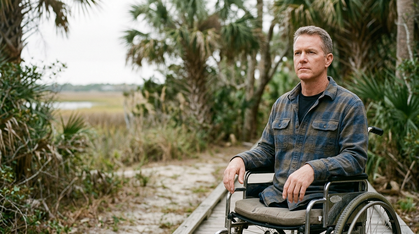 Person using a wheelchair looking forward with quiet resolve after a catastrophic spinal injury.
