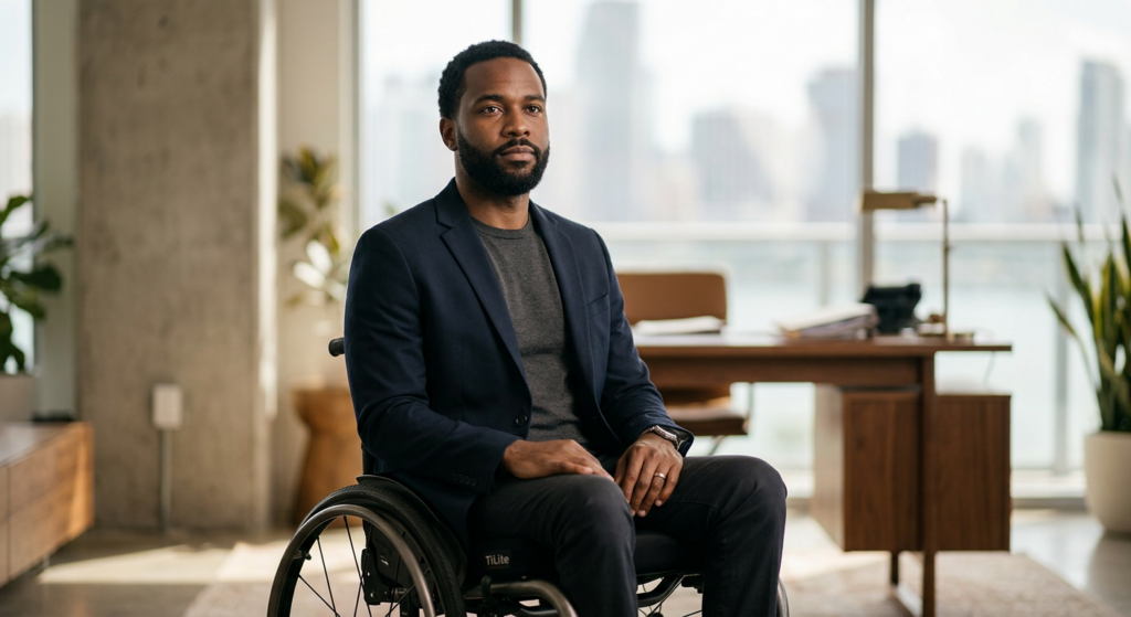 Person using a wheelchair looking forward with quiet resolve after a catastrophic spinal injury.