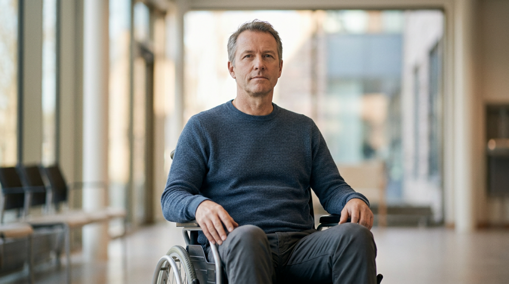 Person using a wheelchair looking forward with quiet resolve after a catastrophic spinal injury.