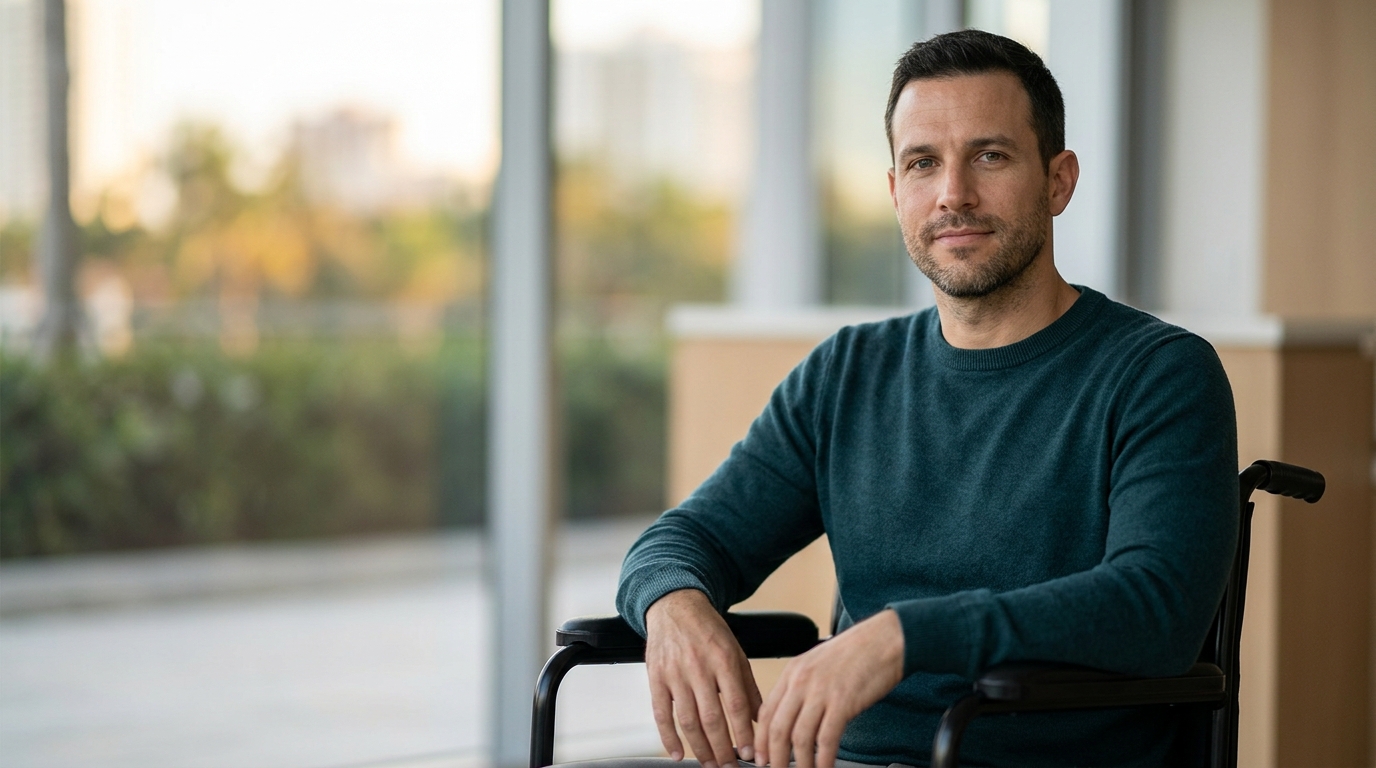 Person using a wheelchair looking forward with quiet resolve after a catastrophic spinal injury.