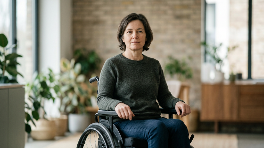 Person using a wheelchair looking forward with quiet resolve after a catastrophic spinal injury.