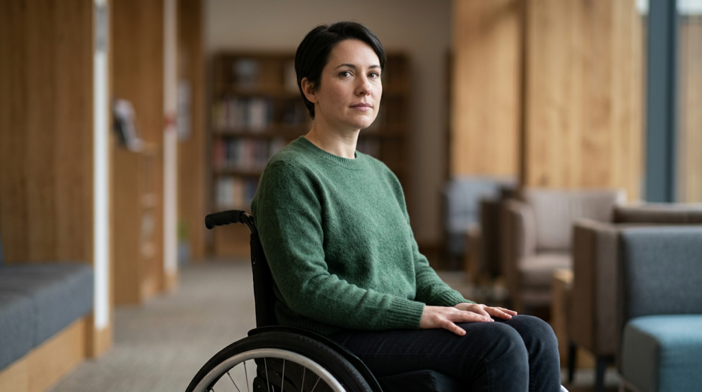 Person using a wheelchair looking forward with quiet resolve after a catastrophic spinal injury.