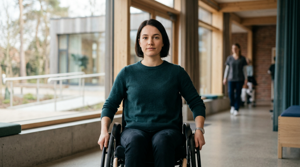 Person using a wheelchair looking forward with quiet resolve after a spinal injury.