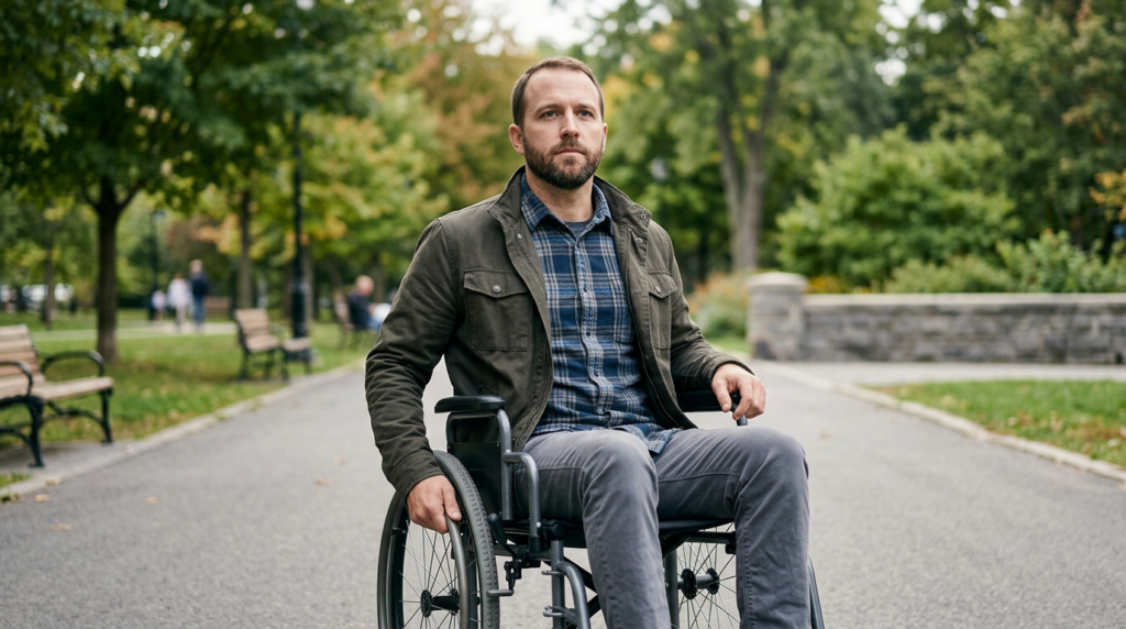Person using a wheelchair looking forward with quiet resolve after a catastrophic spinal injury.