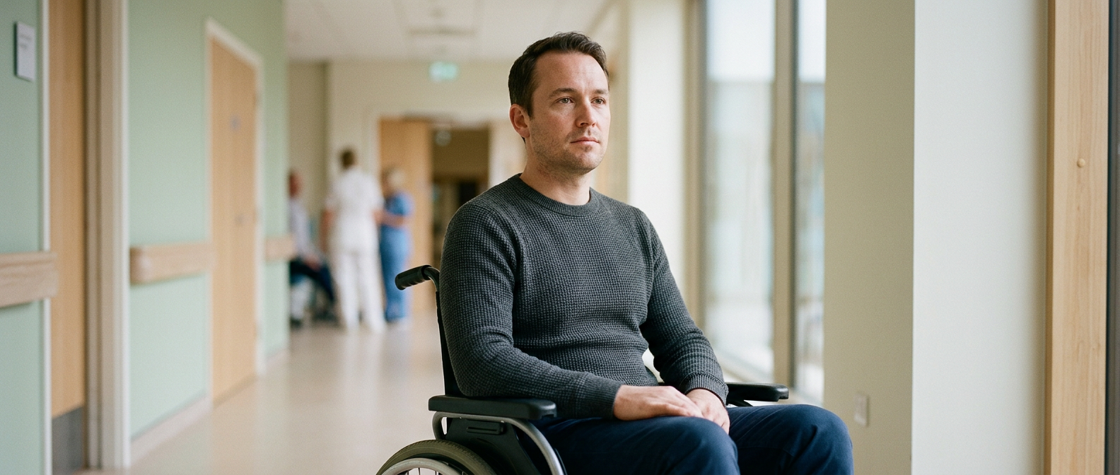 Person using a wheelchair looking forward with quiet resolve after a spinal injury.