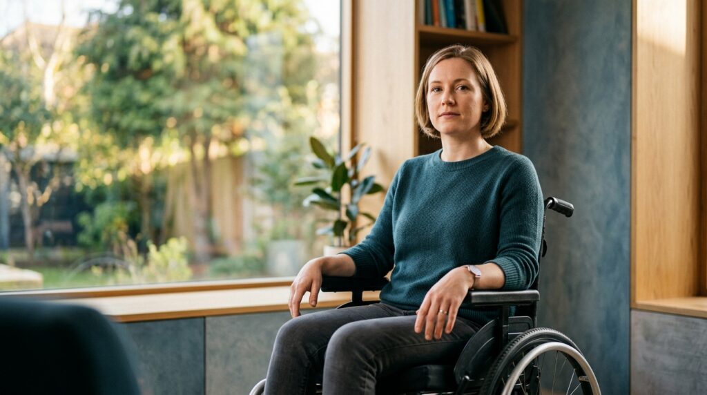 Person using a wheelchair looking forward with quiet resolve after a catastrophic spinal injury.