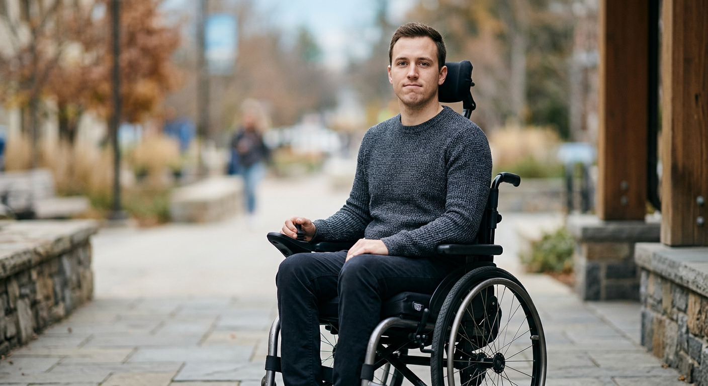 Person using a wheelchair looking forward with quiet resolve after a spinal cord injury.