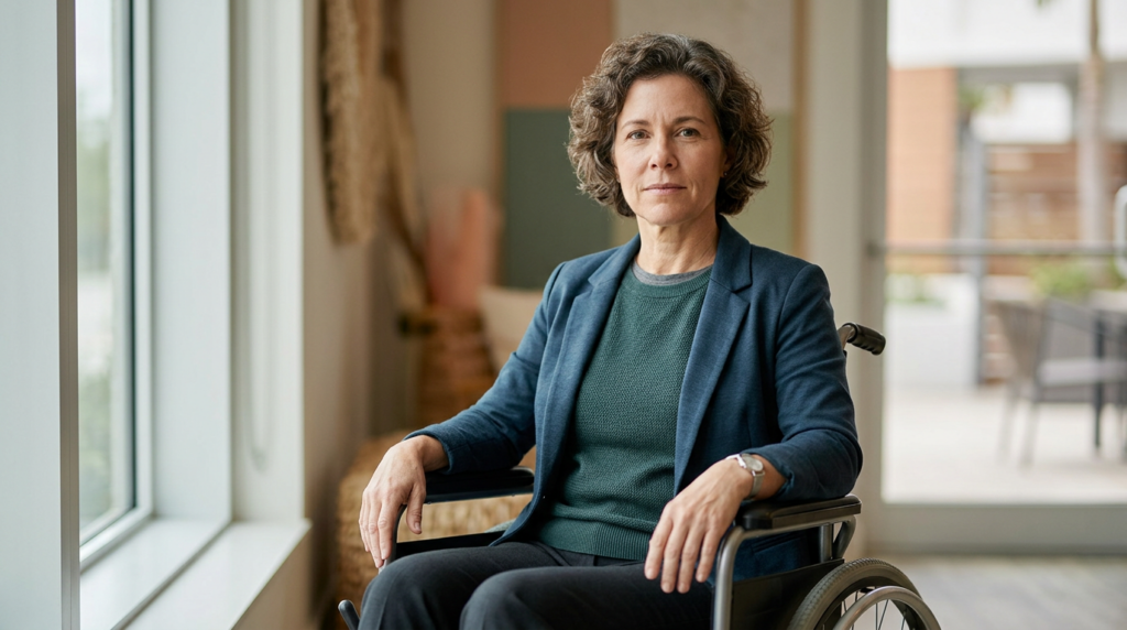 Person using a wheelchair looking forward with quiet resolve after a catastrophic spinal injury.