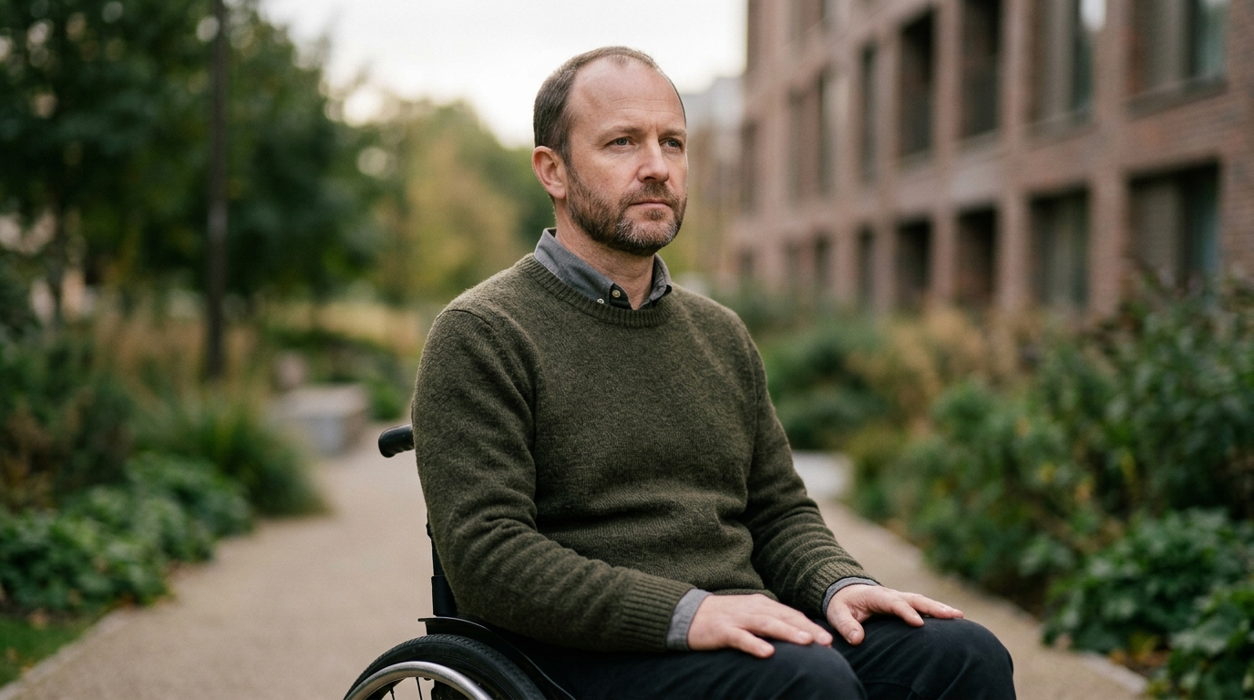 Person using a wheelchair looking forward with quiet resolve after a spinal injury.