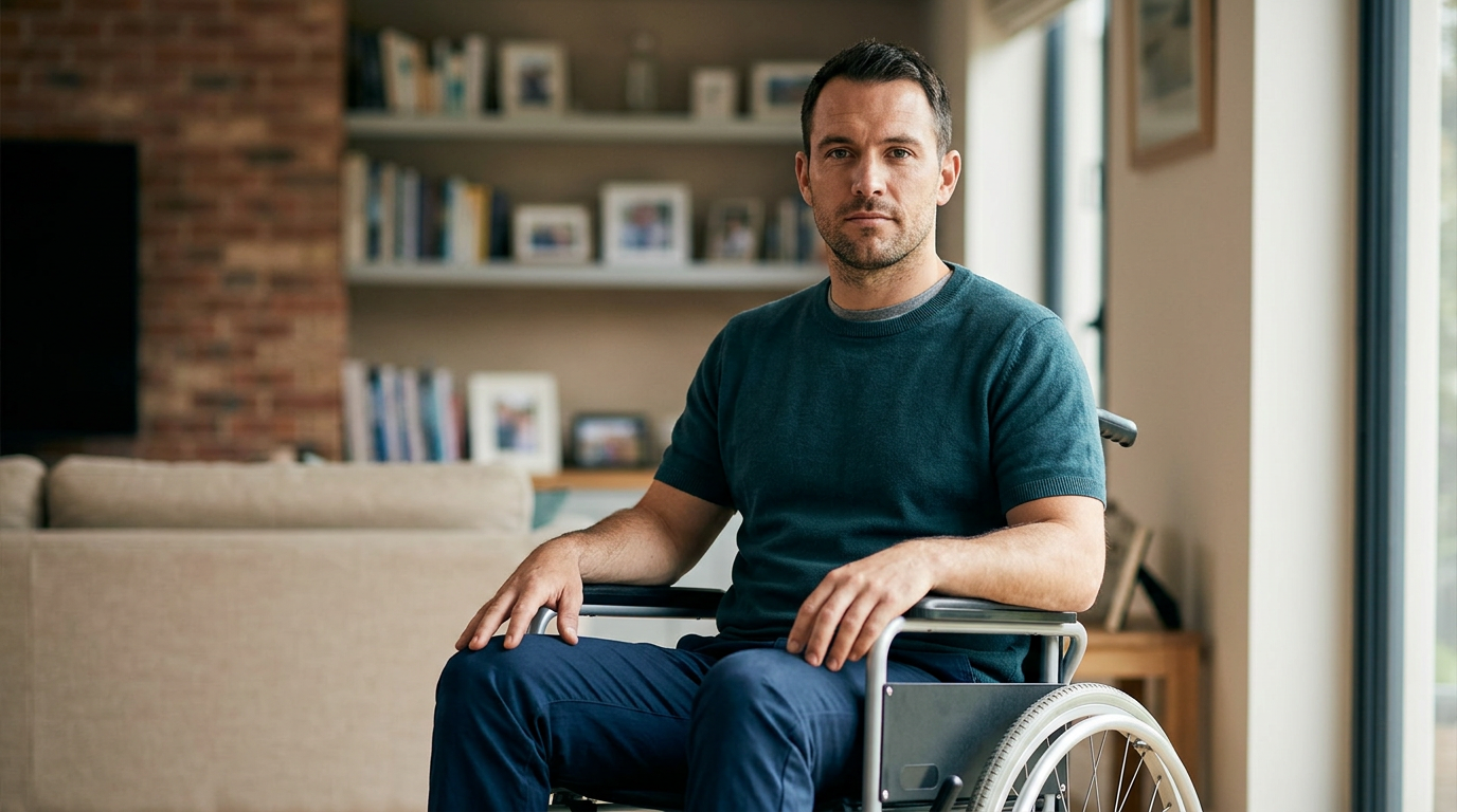 Person using a wheelchair looking forward with quiet resolve after a catastrophic spinal injury.