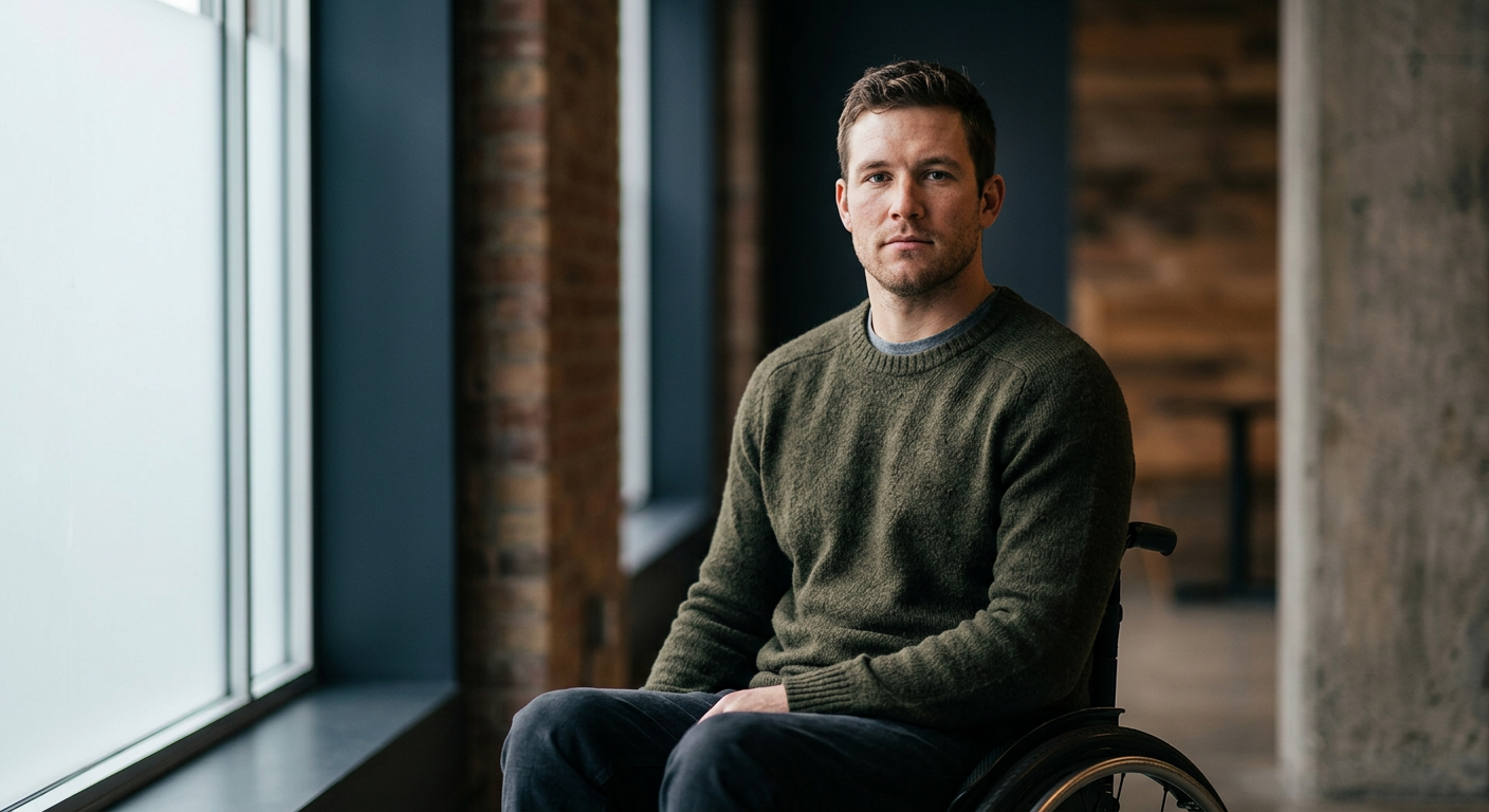 Person using a wheelchair looking forward with quiet resolve after a catastrophic spinal injury.