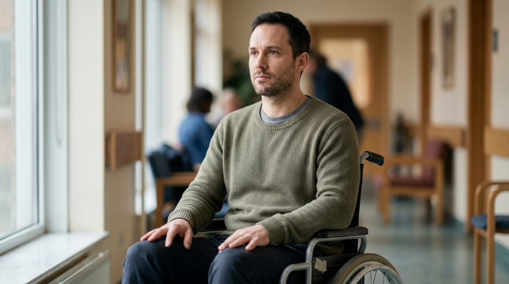 Person using a wheelchair looking forward with quiet resolve after a spinal injury.